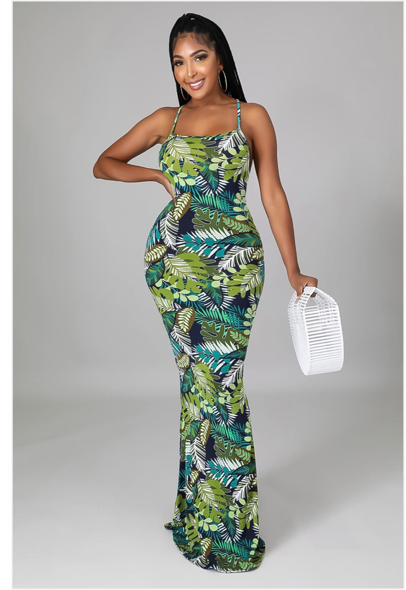 Green Palm Print Maxi Dress