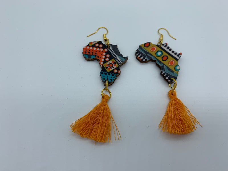 Riri map of Africa tassel earrings. Orange