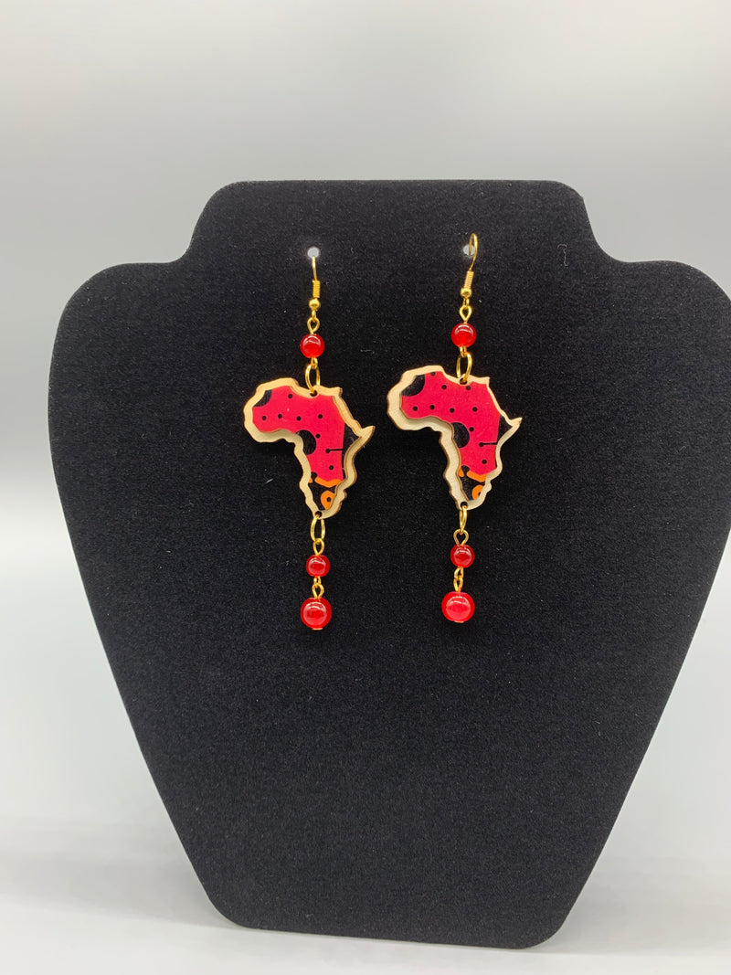 Red wooden Map of Africa Earrings