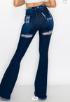 Gene Dark High Waist Distressed Bell Legs Denim