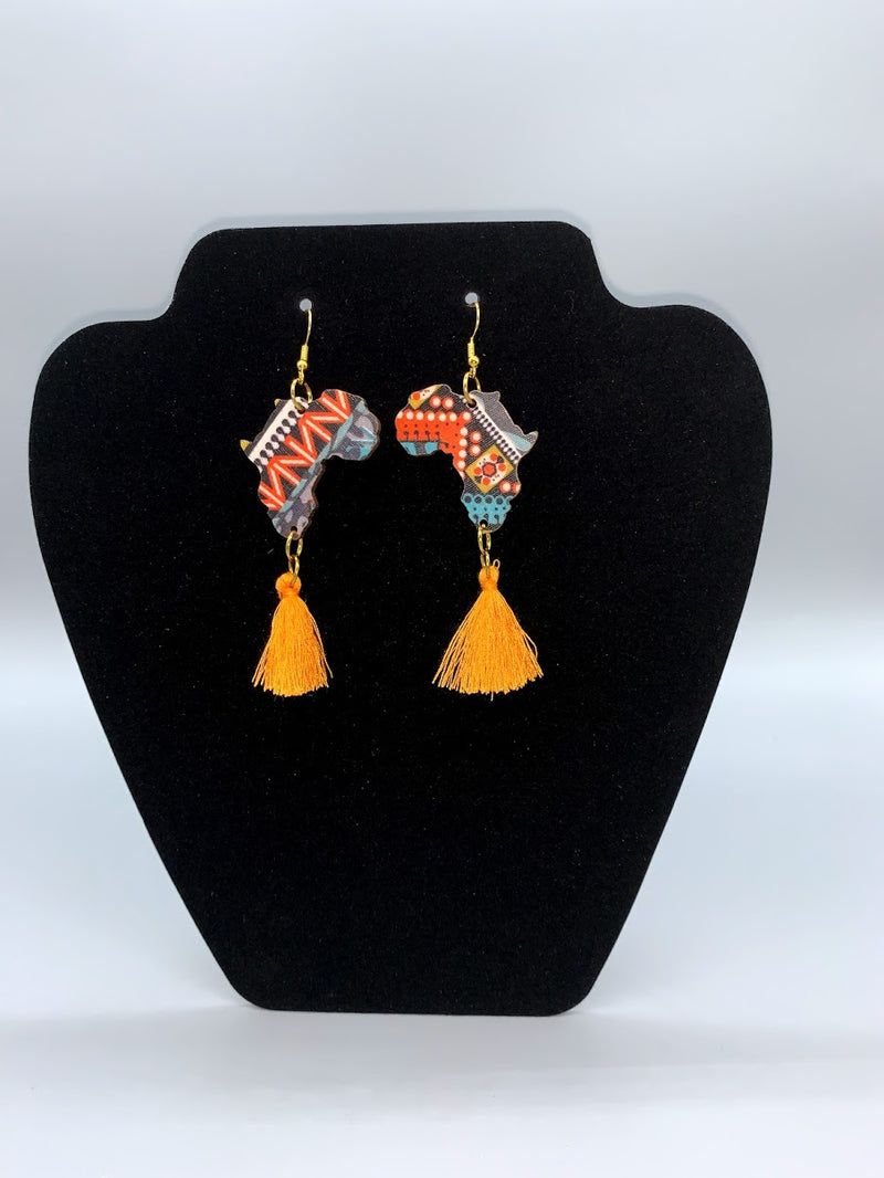 Riri map of Africa tassel earrings. Orange